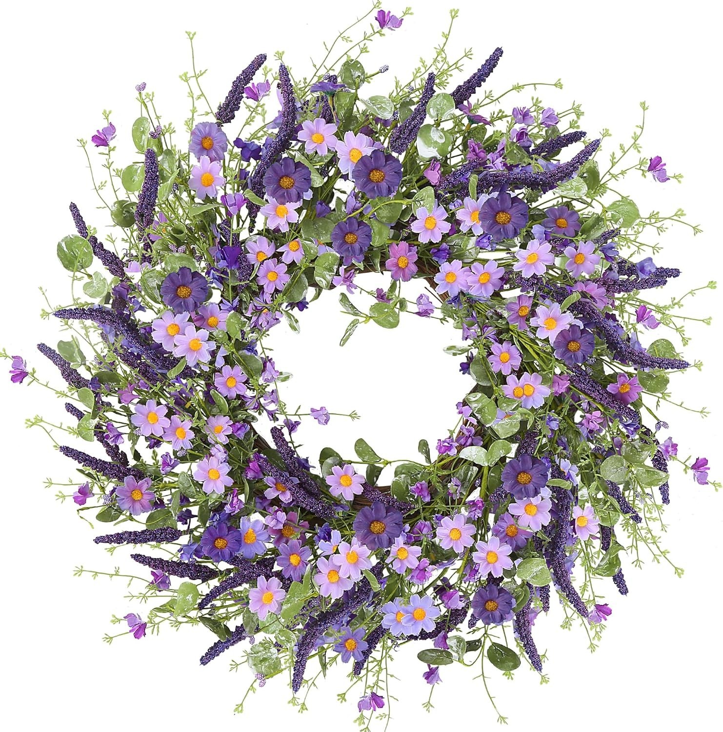 Handmade 24-Inch Purple Daisy and Eucalyptus Wreath – Perfect for All Occasions