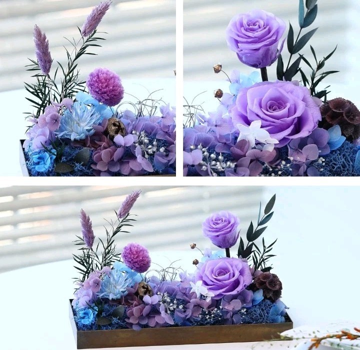 RoseValley Preserved Rose Flower Arrangement Glass & Wood Display Case 9in