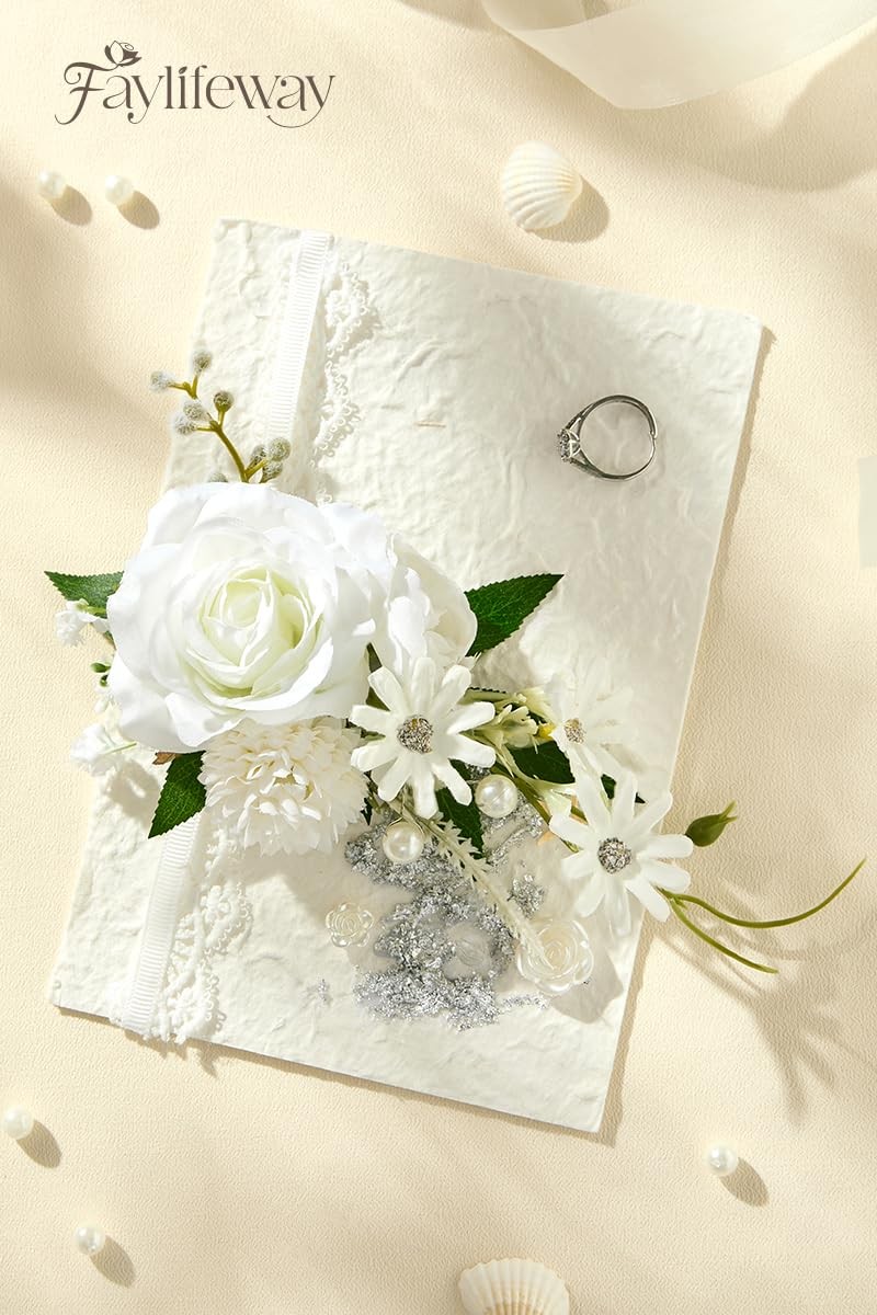 2 PCS White Rose Boutonniere & Wrist Corsage Set Wedding Prom Homecoming