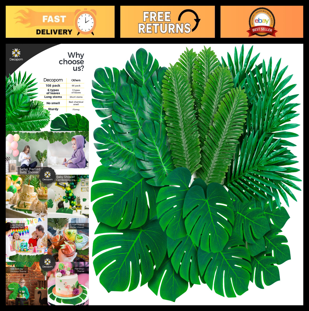 108 Pack Artificial Palm Leaves – Tropical Monstera & Greenery for Luau, Wedding