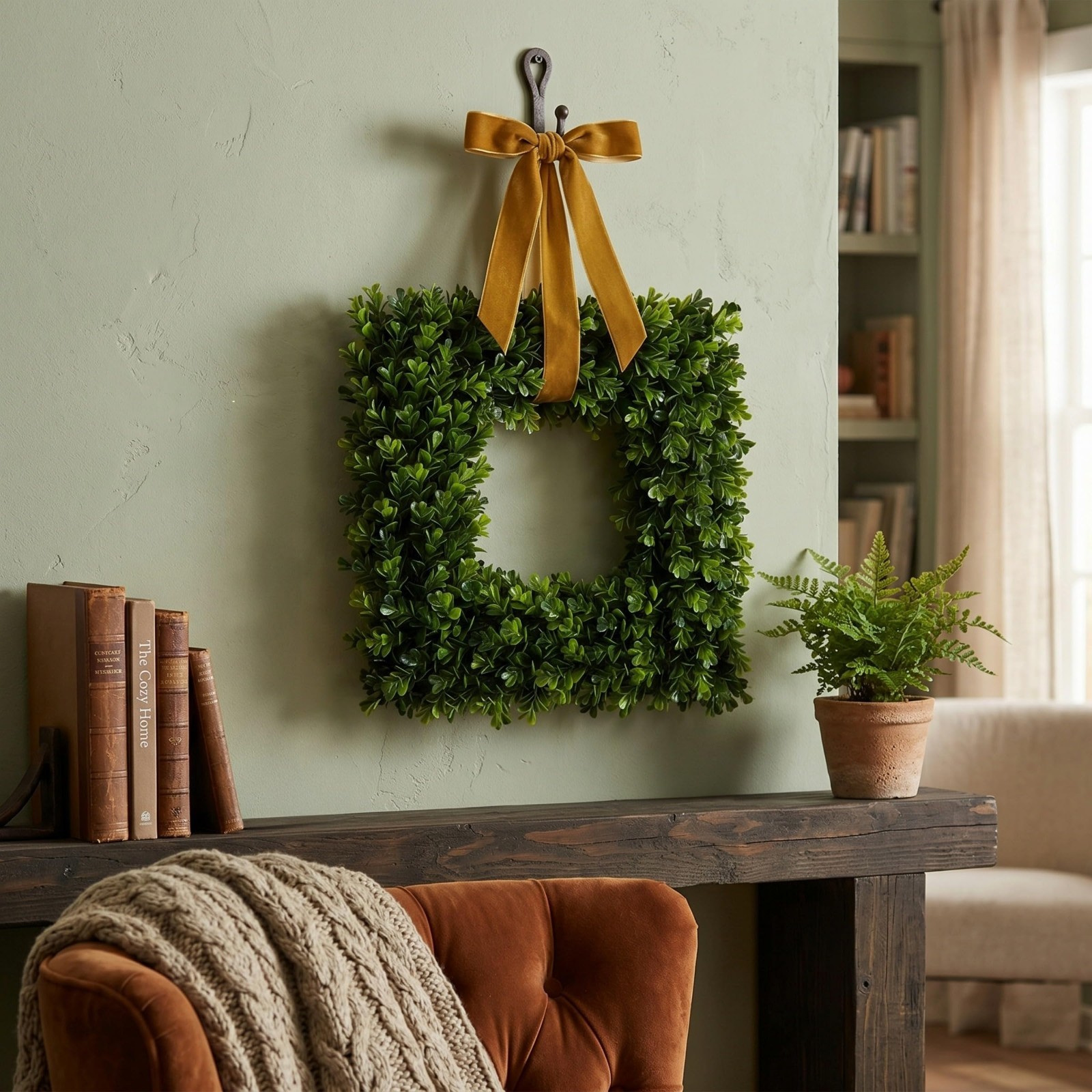 Set of 2 16.5-Inch Square Artificial Boxwood Wreaths – Year-Round Indoor/Outdoor