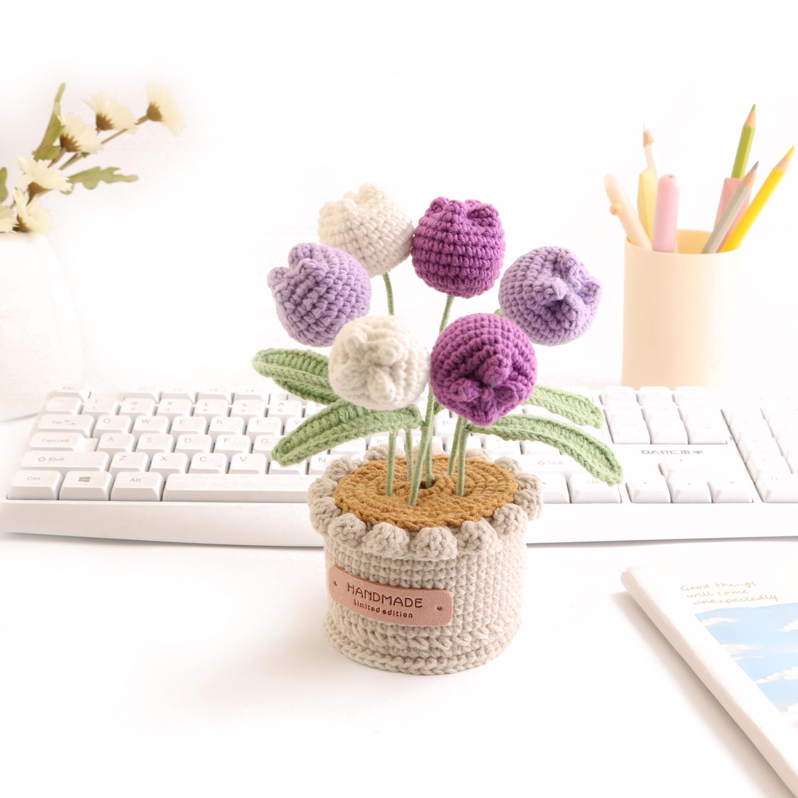 Wool Woven Tulip Potted Plants, Artificial Crochet Hand-Woven Flowers Suitabl…