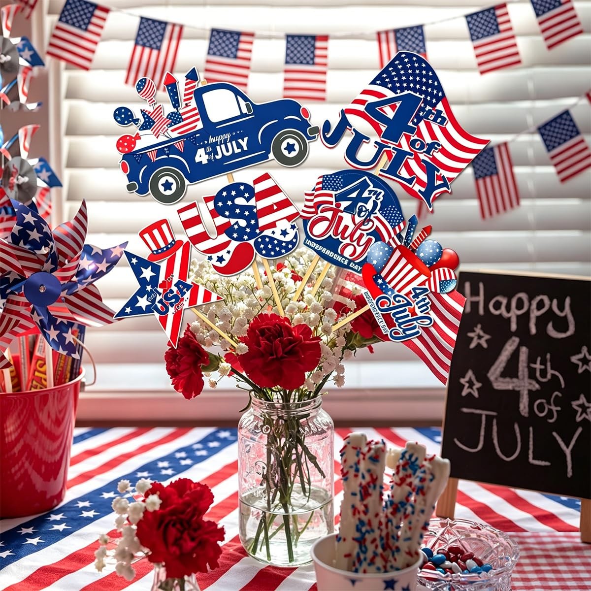12 Pcs 4th of July Centerpiece Sticks Floral Picks Red White Blue American Flag