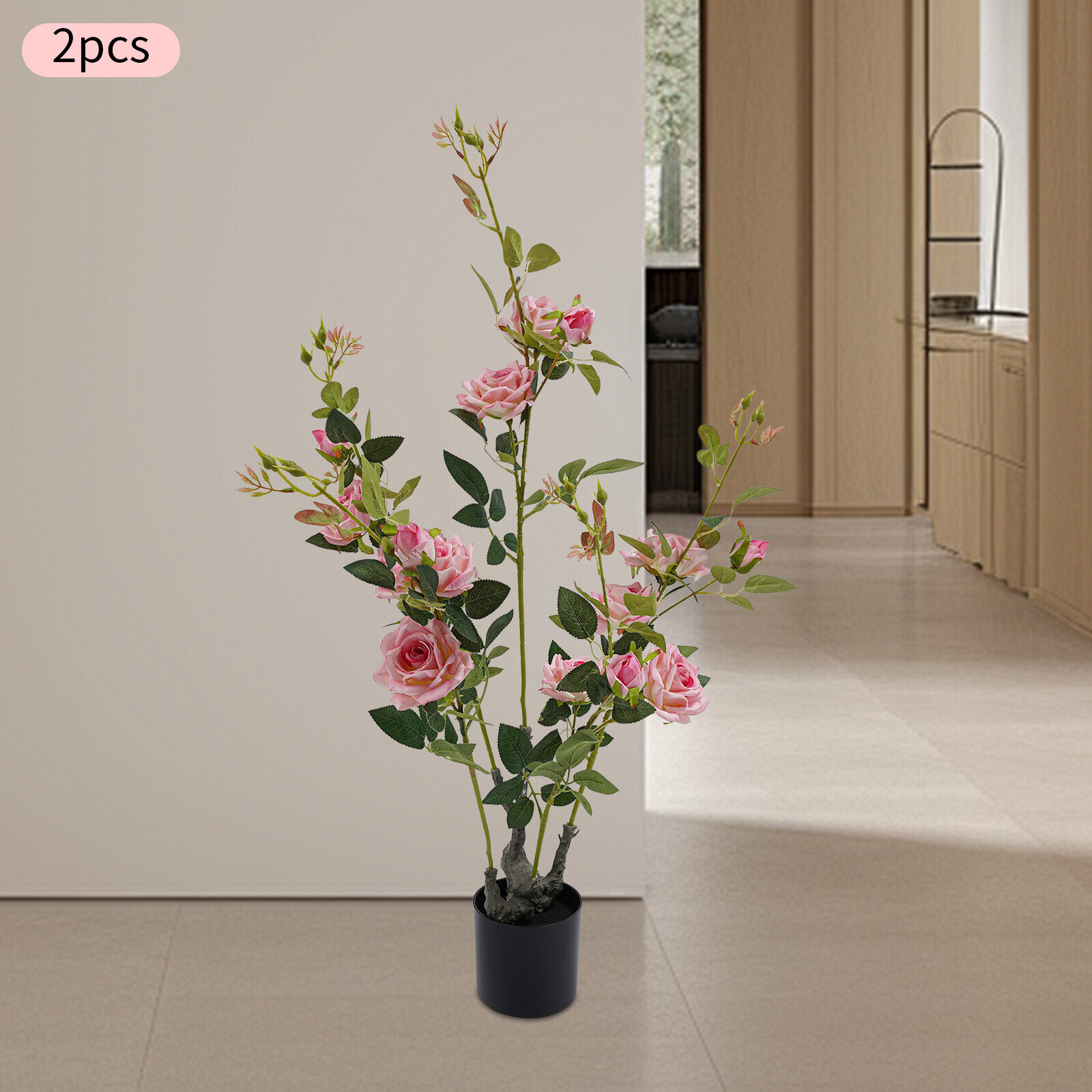 2-Pack Artificial Pink Rose Trees 35.4in (89.9cm) Silk Faux Flower Indoor