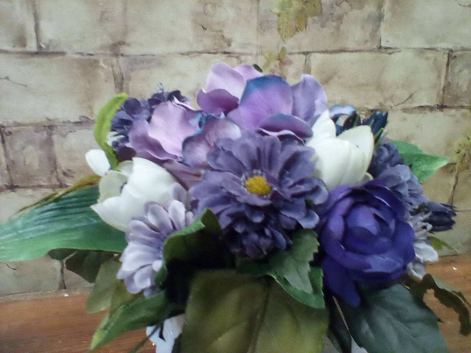 Blue Flower Arrangement in Vintage Milk Glass Pedestal Bowl 12″ Tall by 10″ Wide