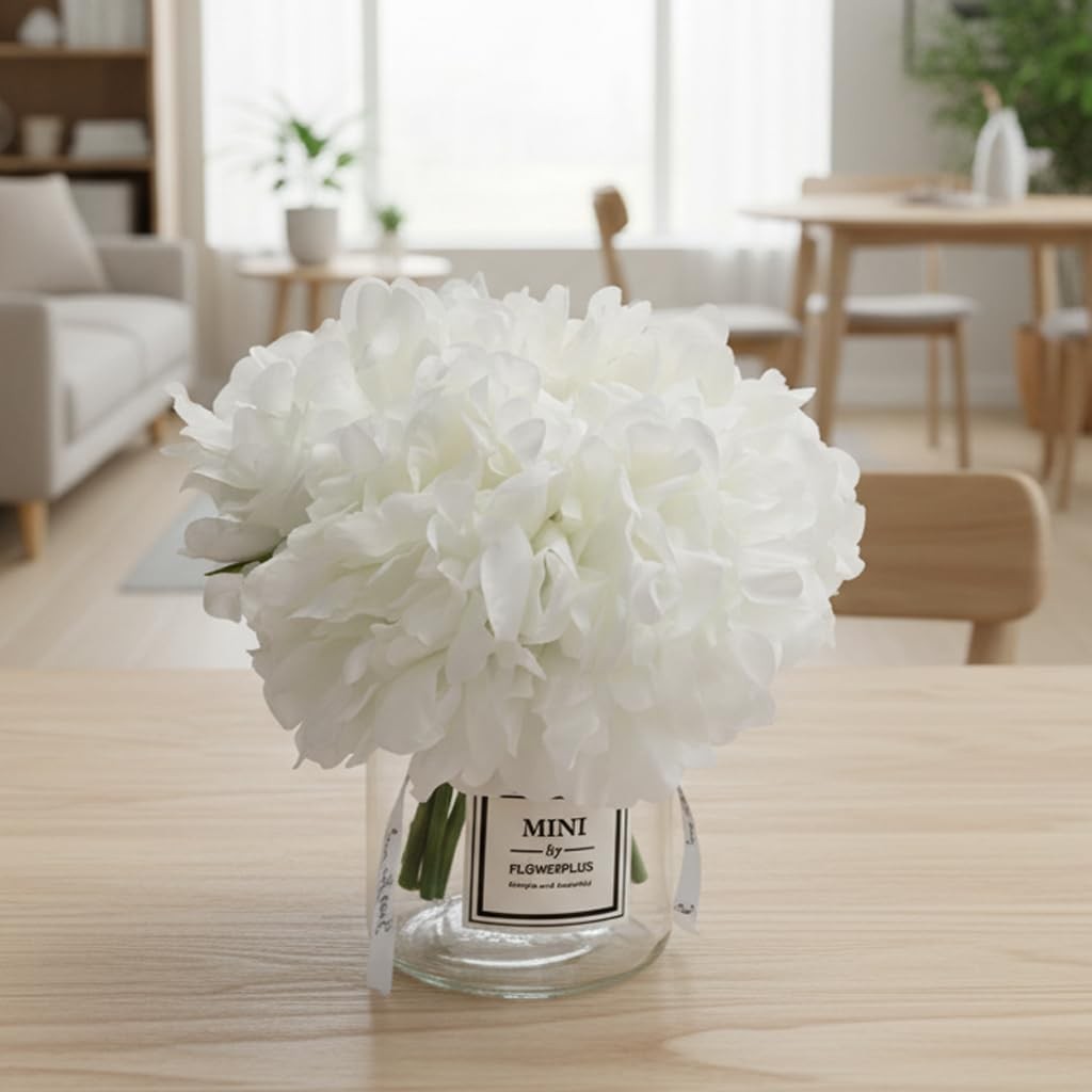 Artificial White Peony Bouquet in Mini Glass Vase – Faux Floral Arrangement f…