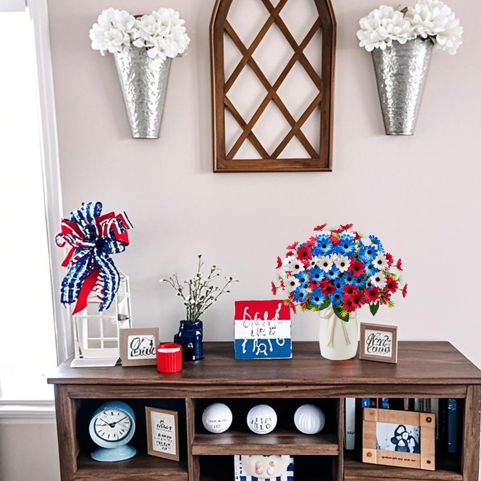 6 Bundles Red White and Blue Flowers, Artificial Daisy Flowers for Outdoor Me…
