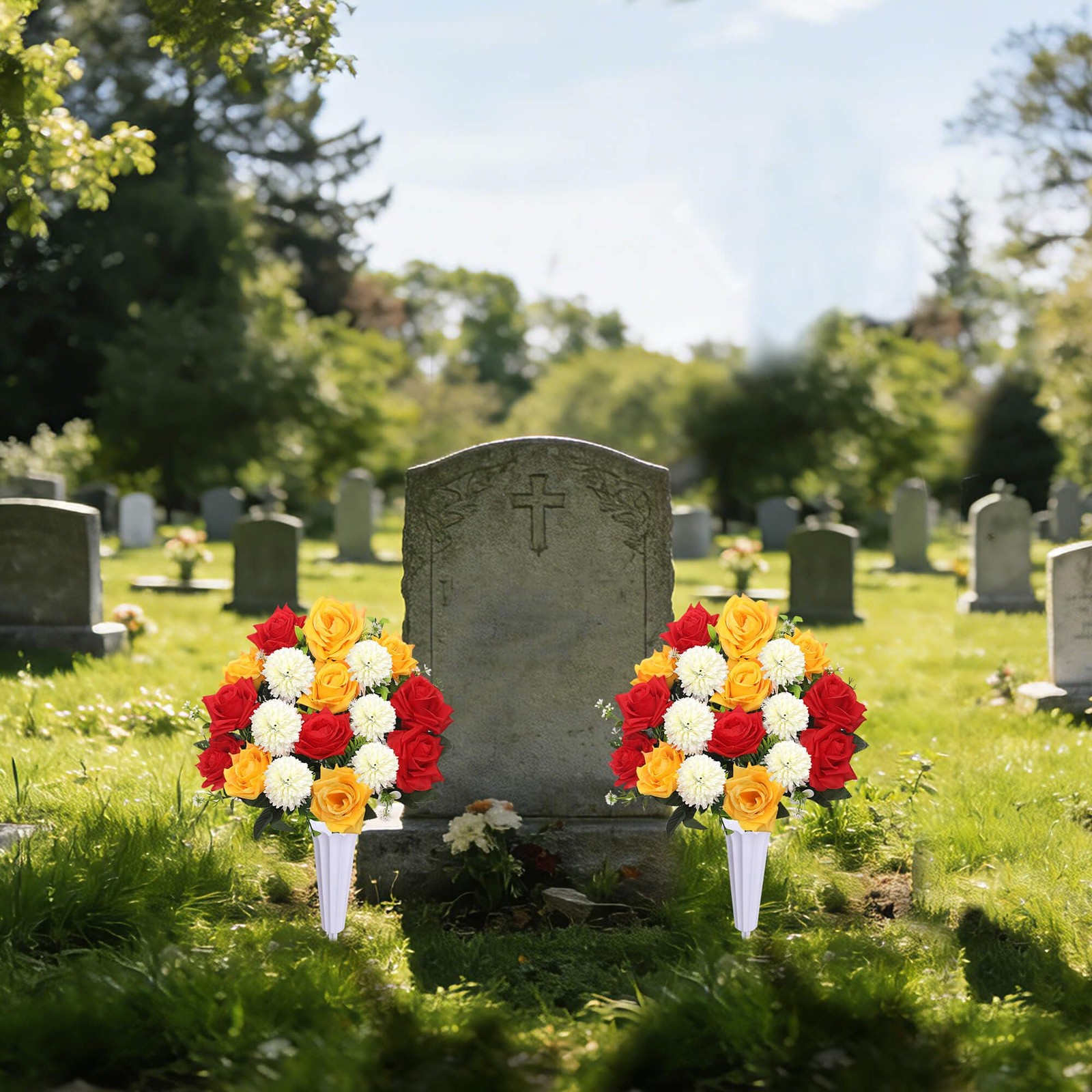 Set of 2 Artificial Bouquet Grave Memorial Flowers with Vase, Realistic Vibra…