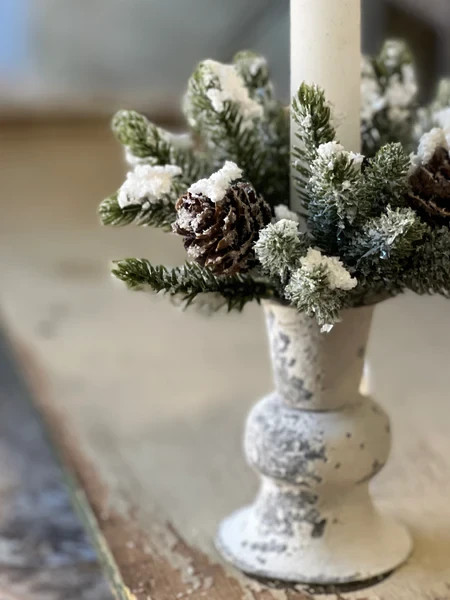 NEW PRIMITIVE Candle Ring SNOWY CONE Christmas 5″W x 1″ Opening Winter Shabby