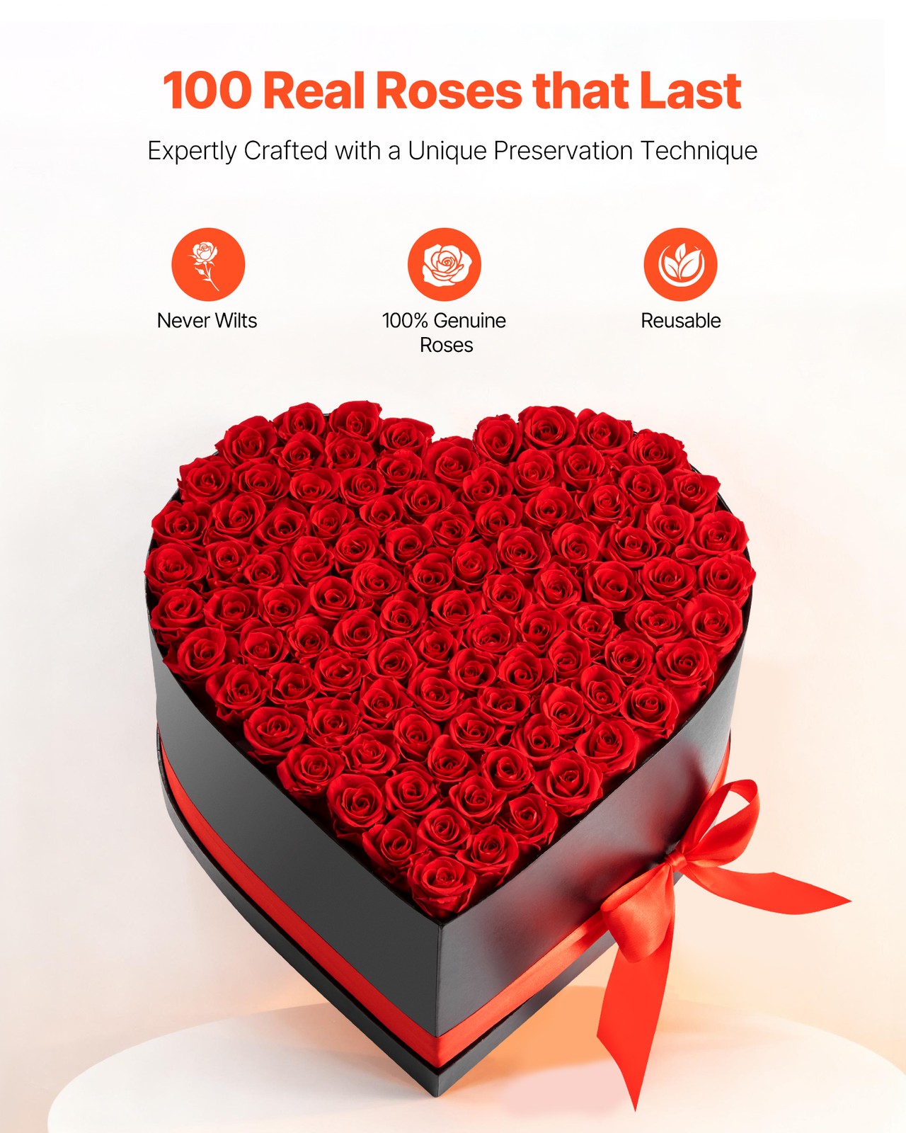 VEVOR Forever Flowers 100 Preserved Roses Heart Box Eternal Bouquet Red