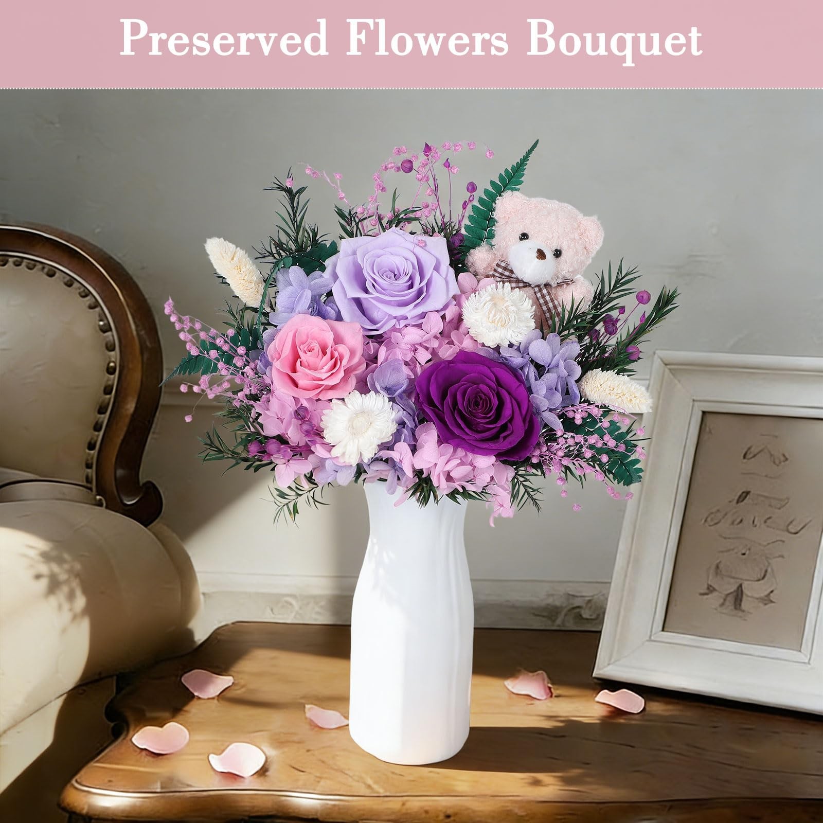 Preserved Flowers Bouquet With Bear 3 Roses Mixed Forever Floral Present Mom