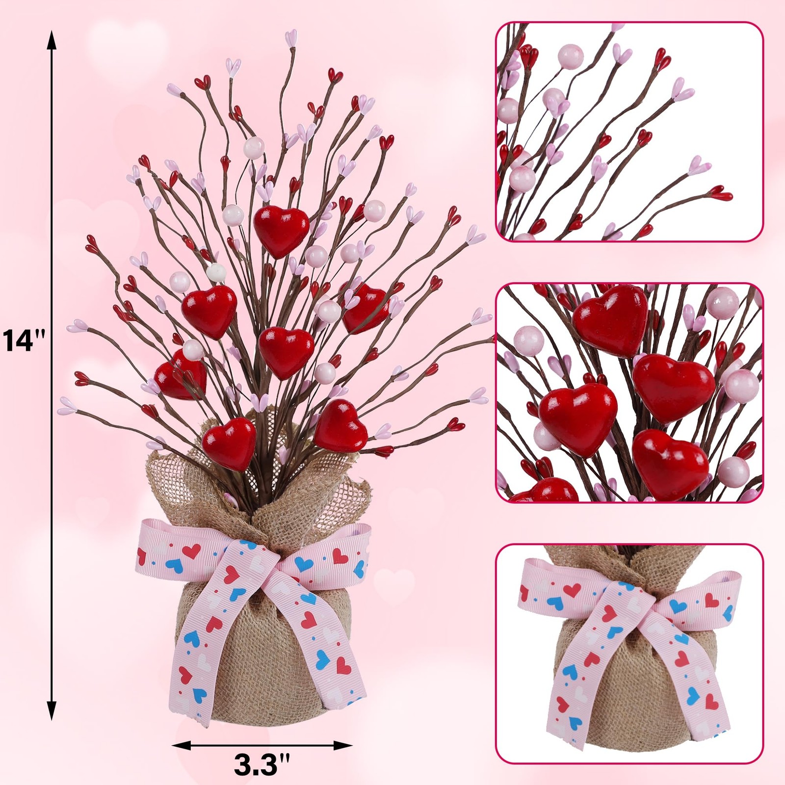 2 Pack 14 Inch Valentine Tree with Pink & Red Heart Artificial Table Decorations