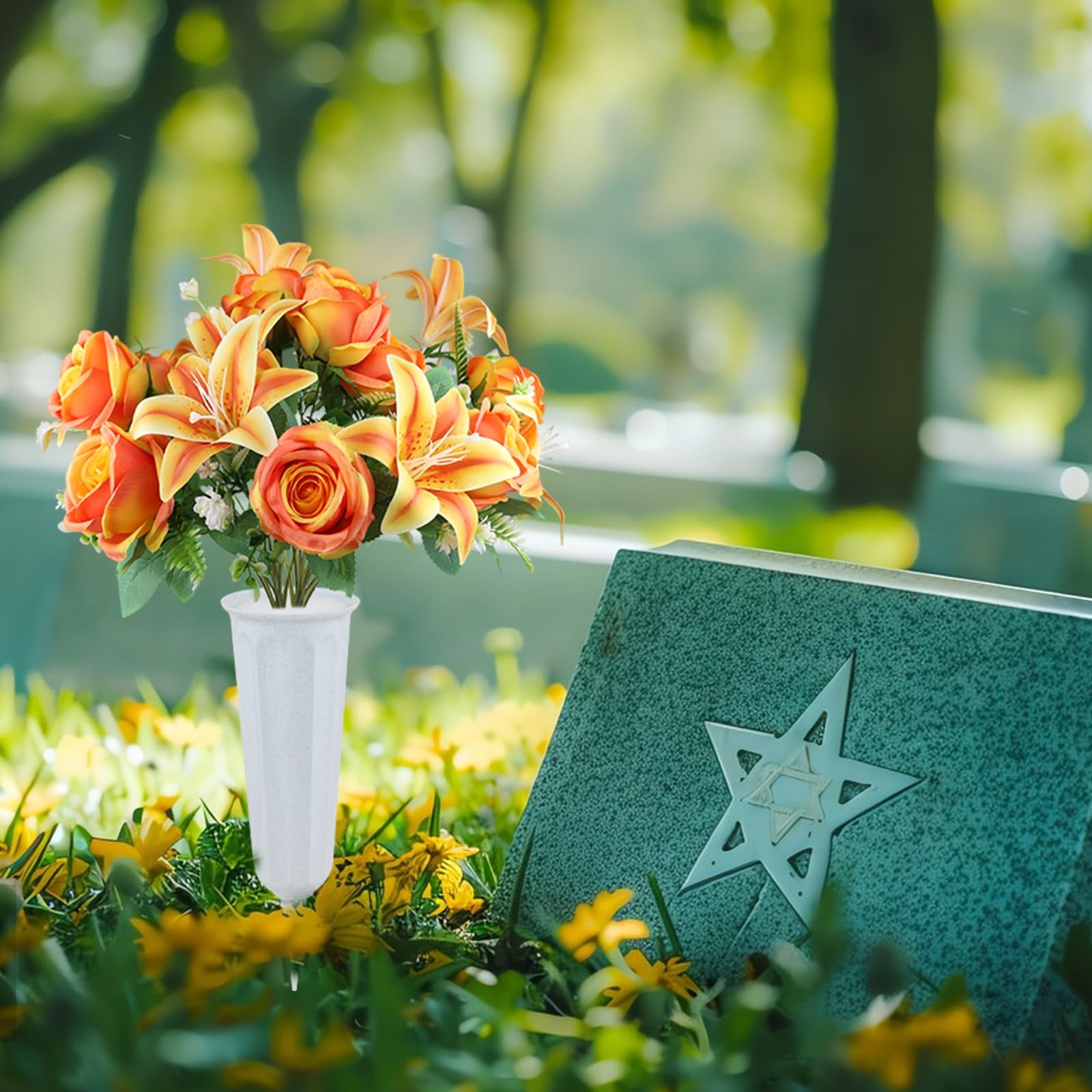 2 Set Artificial Cemetery Flowers with Grave Vase-2 Bunches Lilies & Rose Mix…