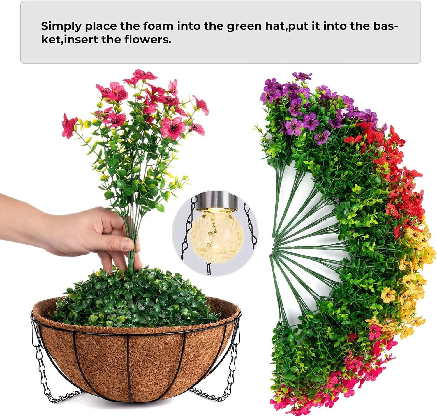 Solar Planters,Artificial Faux Plants Flowers Basket for Summer Outdoor Decor…