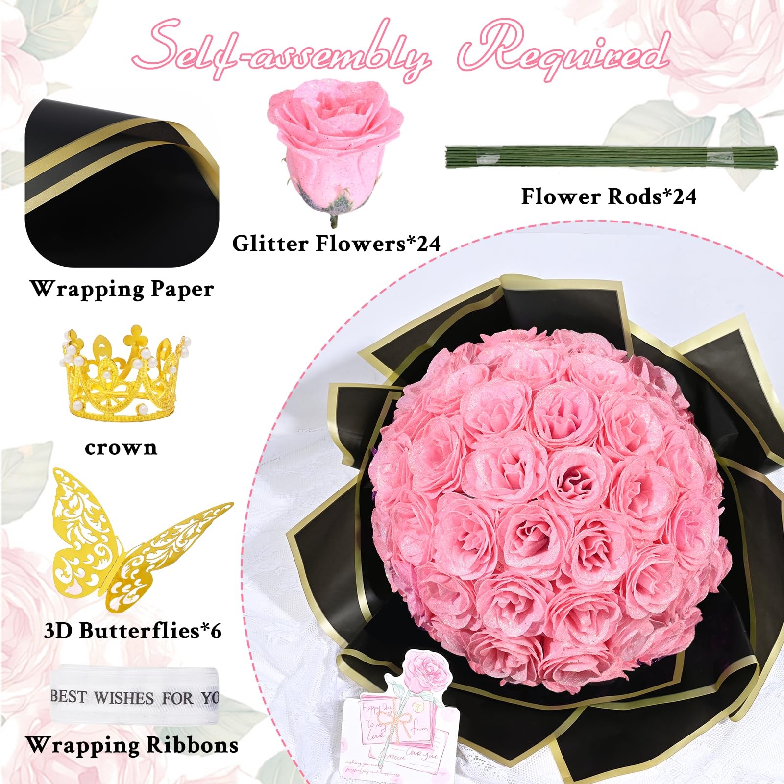 Glitter Roses Bouquet, DIY Fake Flowers Bouquet, Gifts for Mom, 24 Pcs Pink R…