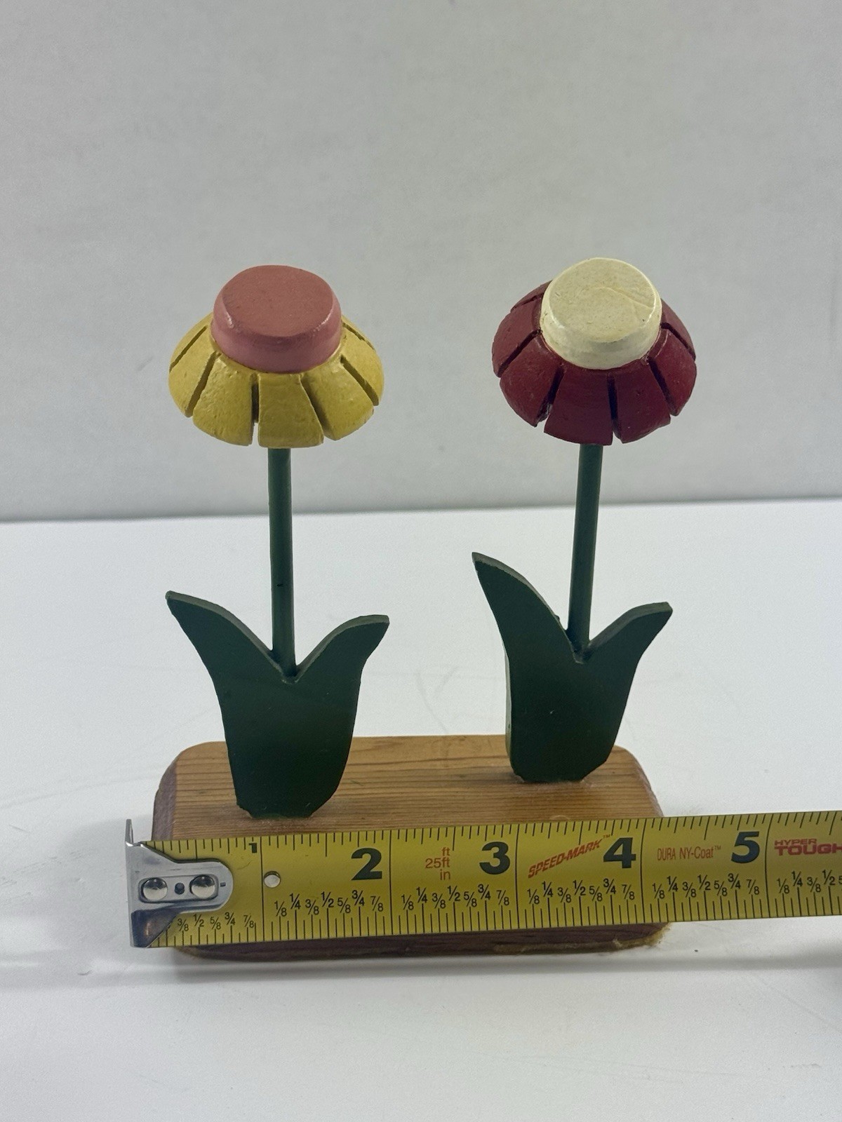 Vintage Wooden Flower Figurines Set x 2 Hand Painted Folk Art Floral Shelf Decor