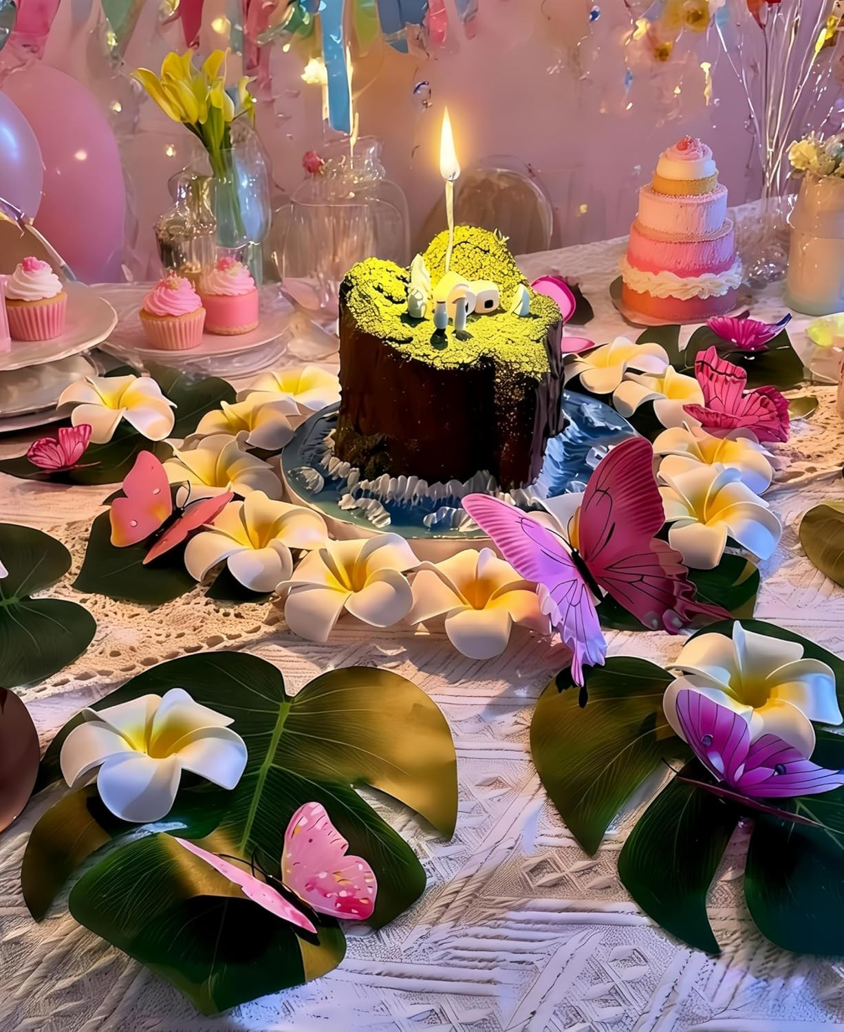 72Pcs Hawaiian Party Decor Set (Artificial Plumeria Flowers, Monstera Leaves, Bu