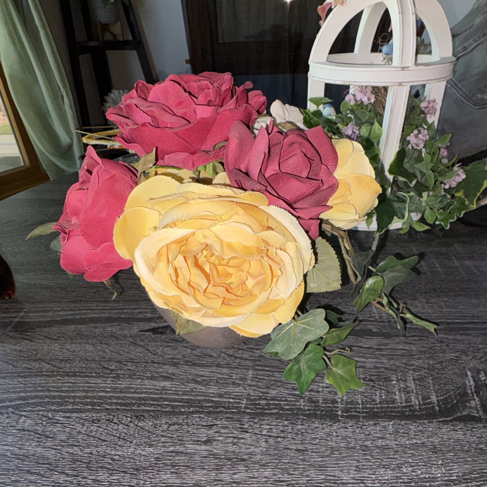 Artificial Rose Hydrangea Ivy Floral Arrangement in Pot Pink Yellow White Green