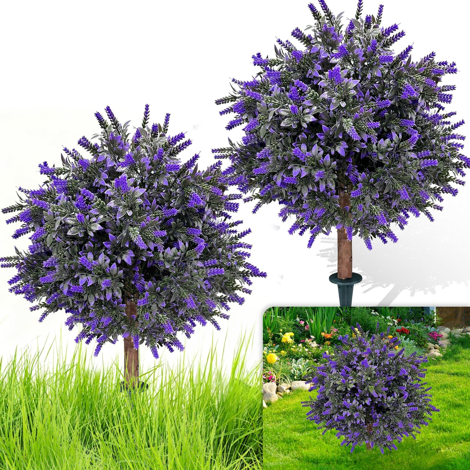 Set of 2 Artificial Lavender Boxwood Topiary Ball Bush for Outdoor