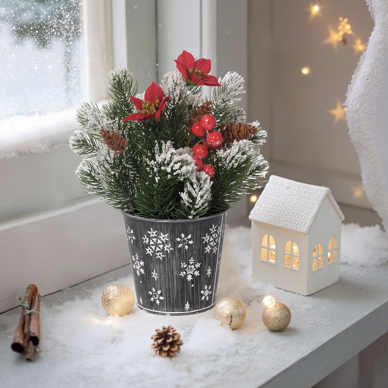 Potted Snowy Norfolk Pine Branches with Poinsettias Barries and Pin Cones