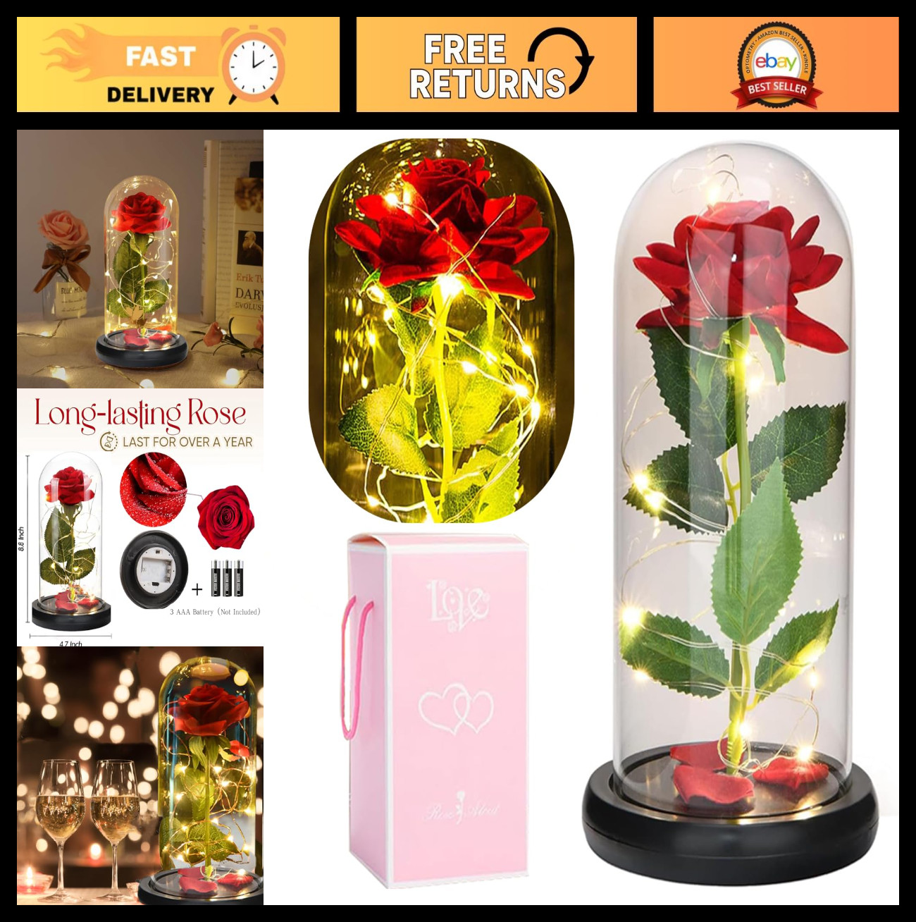 Enchanted Red Silk Rose in Glass Dome with LED Light – Preserved Flower Gift for