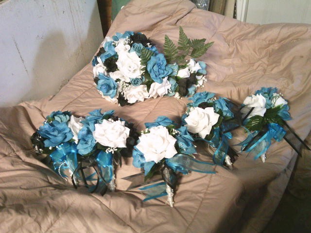 Used Artificial Blue, Black & White Rose Flower Wedding Bouquets
