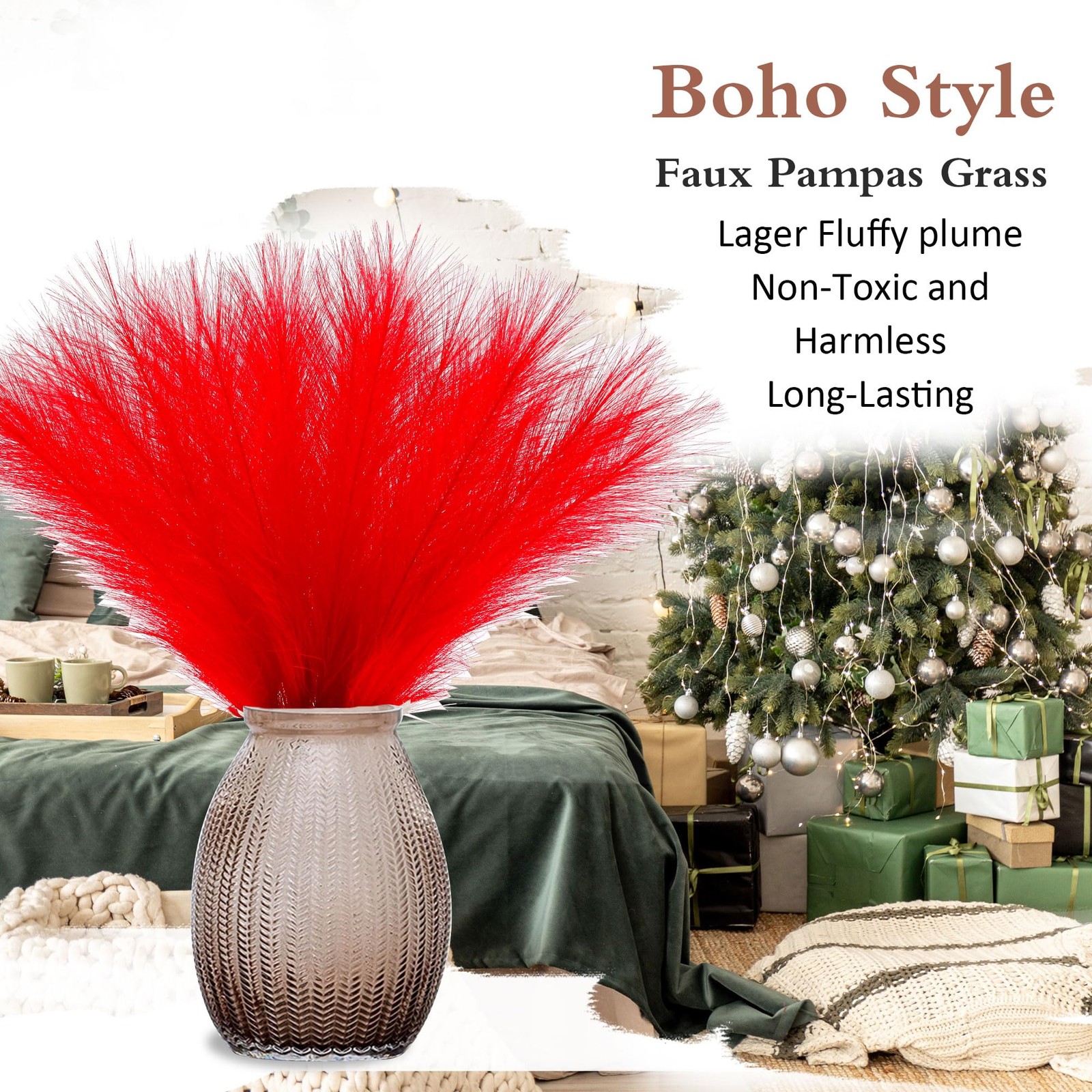 Red Pampas Grass Small, 30 Pcs 17″ Faux Pampas Grass Short Decor, Pompas Gras…