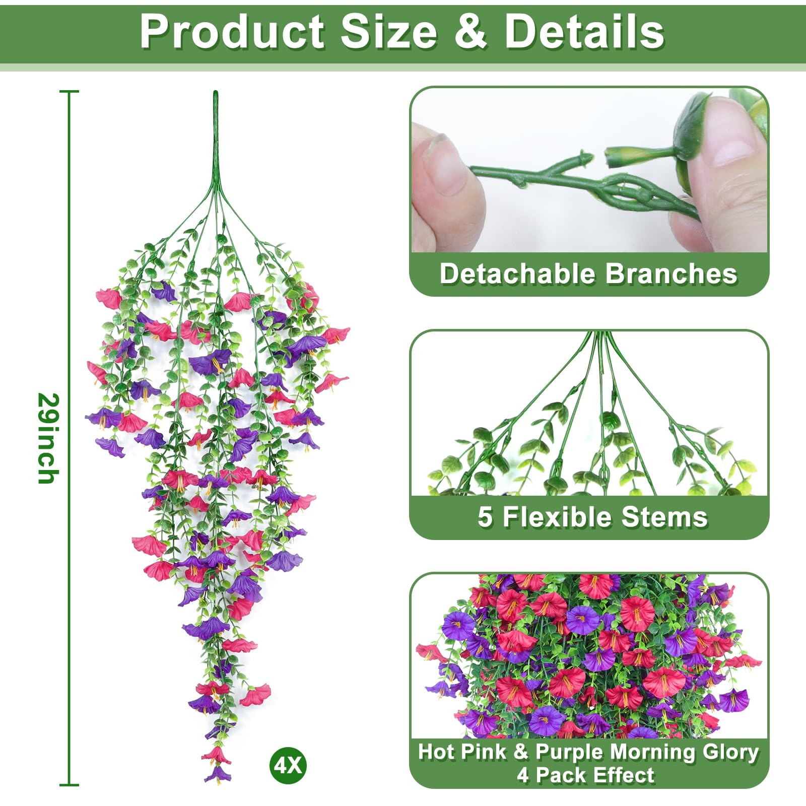 4PCS Artificial Fake Hanging Flowers Plants for Outdoor Spring Decor, UV Resi…