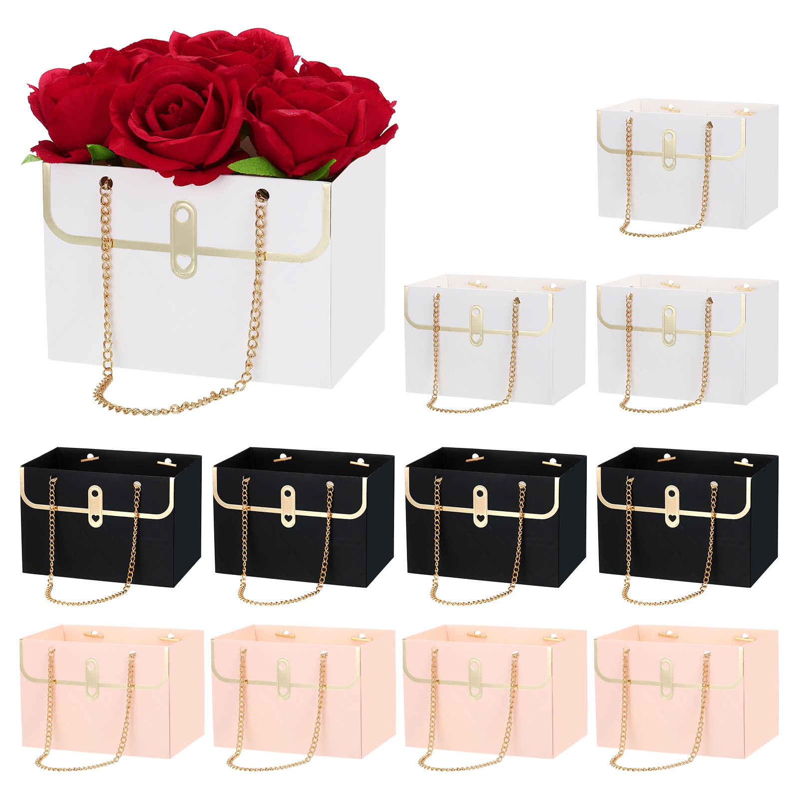 Flower Gift Box, 12 Pcs Paper Bouquet Flower, Pink & Black & White