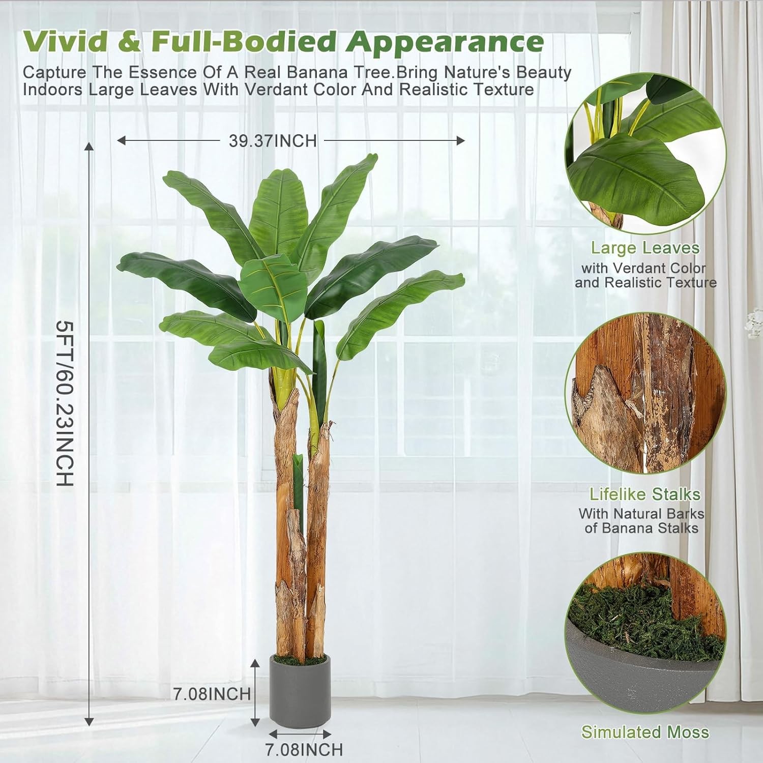 5ft Artificial Banana Tree Faux Tropical Green Plant for Indoor Outdoor Home