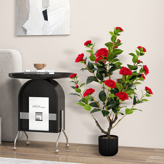 38 Inch Artificial Camellia Tree Faux Flower Plant in Cement Pot 2 Pack-Red – Co