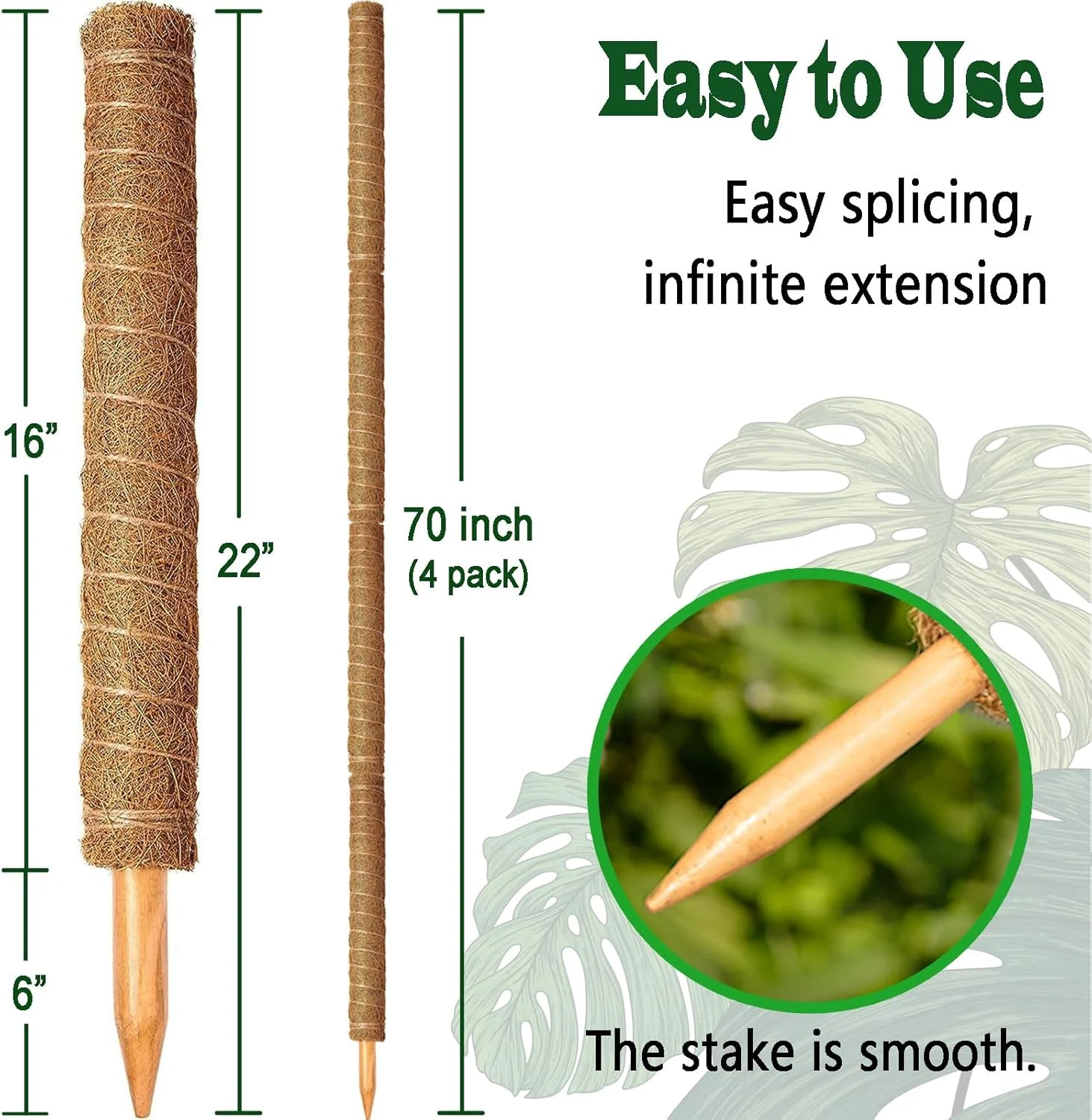 4 Pack 22 Inch Moss Poles, Stackable Moss Pole for Plants Monstera, 70 Inch Tall