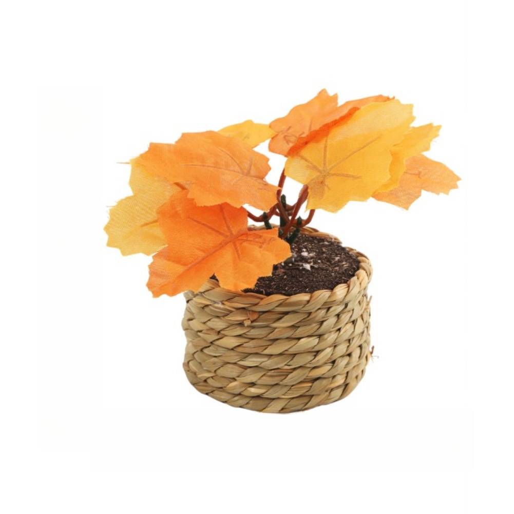 Artificial Maple Leaf Display in Woven Grass Pot for Thanksgiving Table Setting