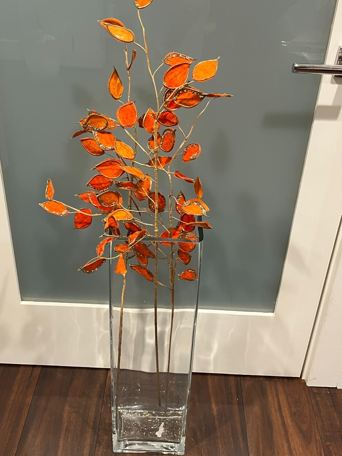 Orange Velvet Leaves with Gold Trim & Sequins – Approx. 32” Faux Floral Stems