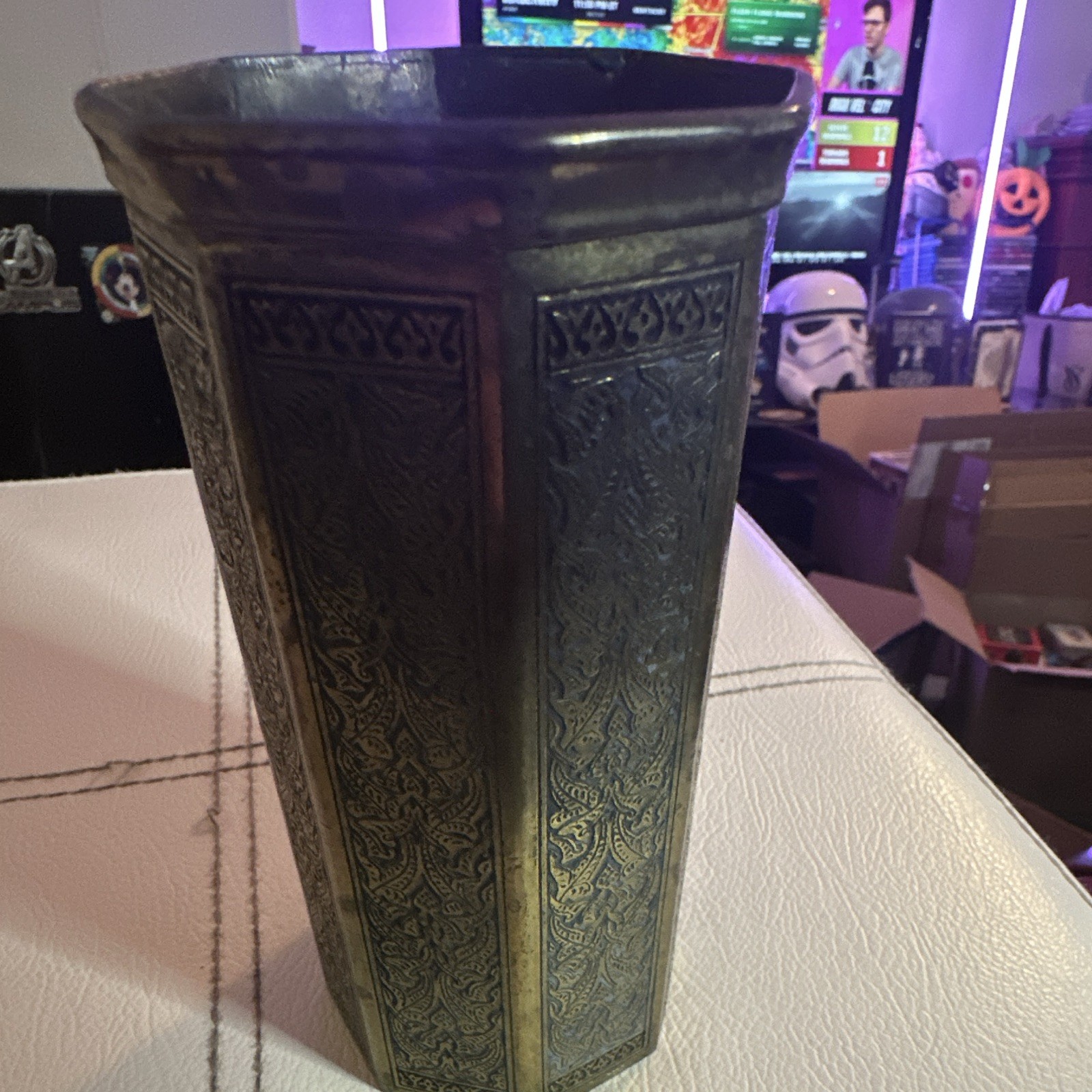 Vintage Hexagonal Embossed Floral Metal Vase Kinco Brassware