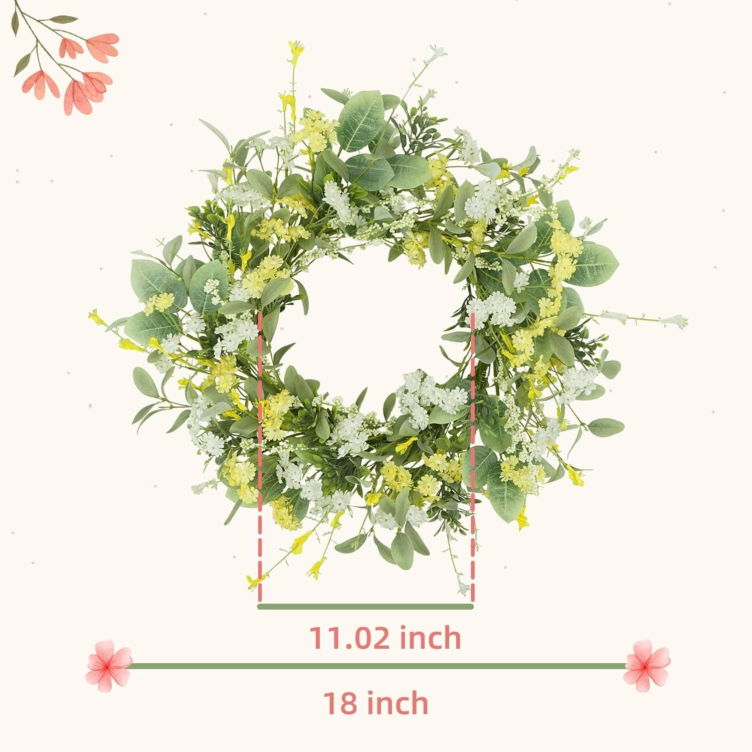 18-Inch Spring Summer Floral Wreath – Lifelike Daisy & Eucalyptus Decor