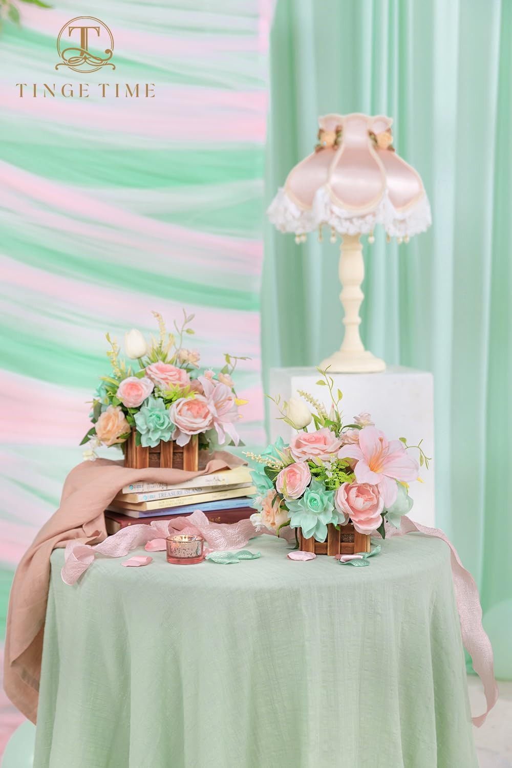 Set of 2 Large Mint Green & Pink Artificial Flower Centerpieces for Weddings