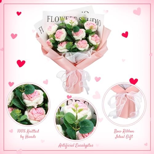 Valentine‘s Day LED Crochet Flowers Bouquet Light up Gradient White and Pink