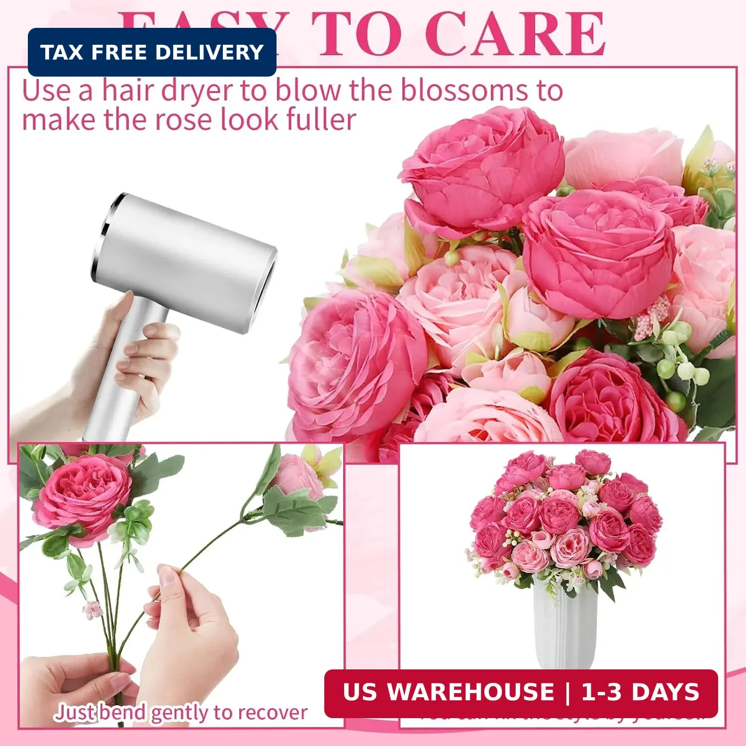16 Pack Pink,Hot Pink Peonies Artificial Flowers,Fake Silk Hydrangea Bouquet for