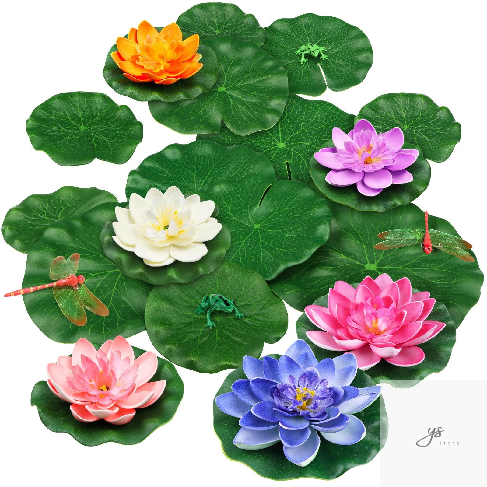 22 Pack Artificial Floating Foam Lotus Flowers with Artificial Frog Lotus Leaves