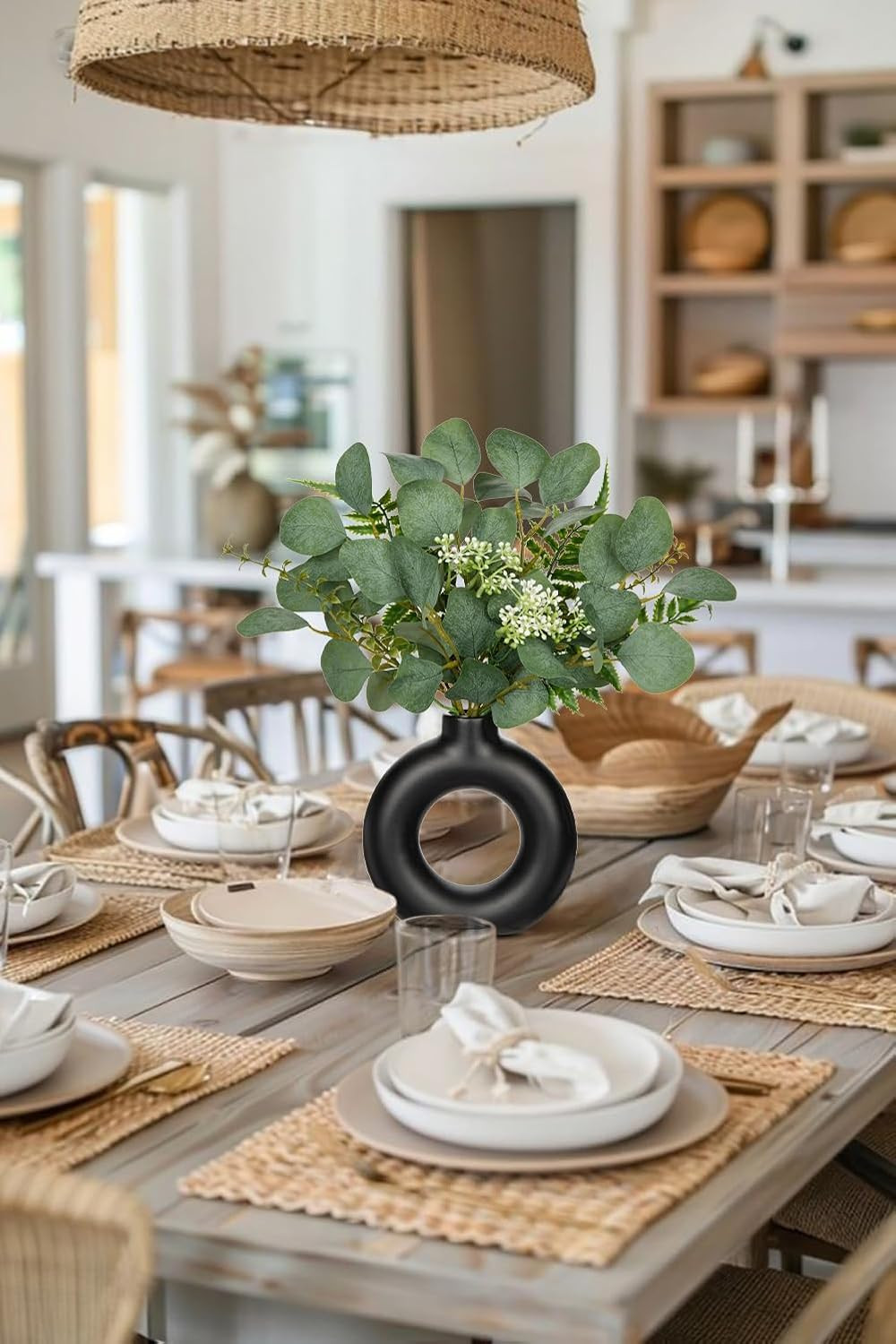 Artificial Eucalyptus Stems in Ceramic Vase 14.23″ Fake Eucalyptus Plant Decor B