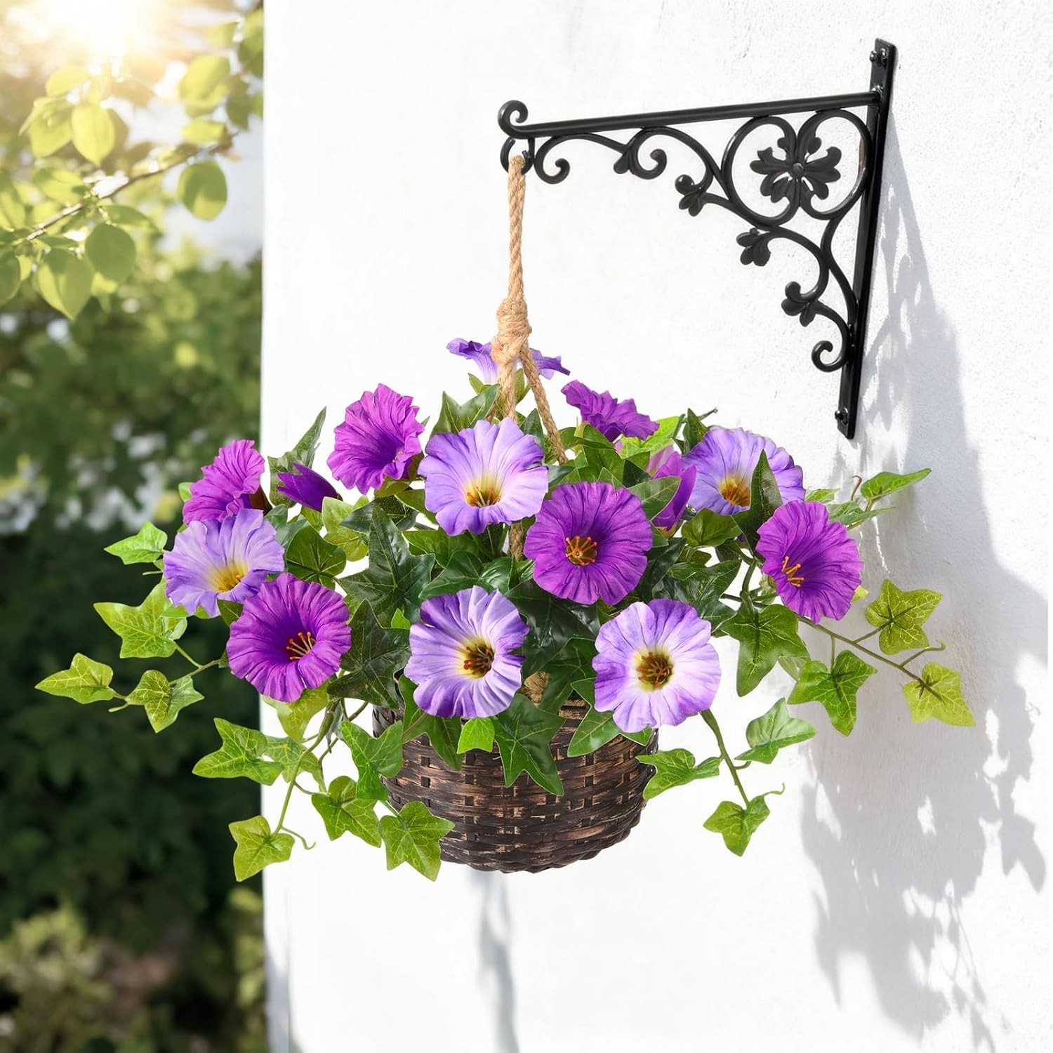 2 Set Artificial Outdoor Flowers with Hanging Basket, 2 Hanging Planters Faux…