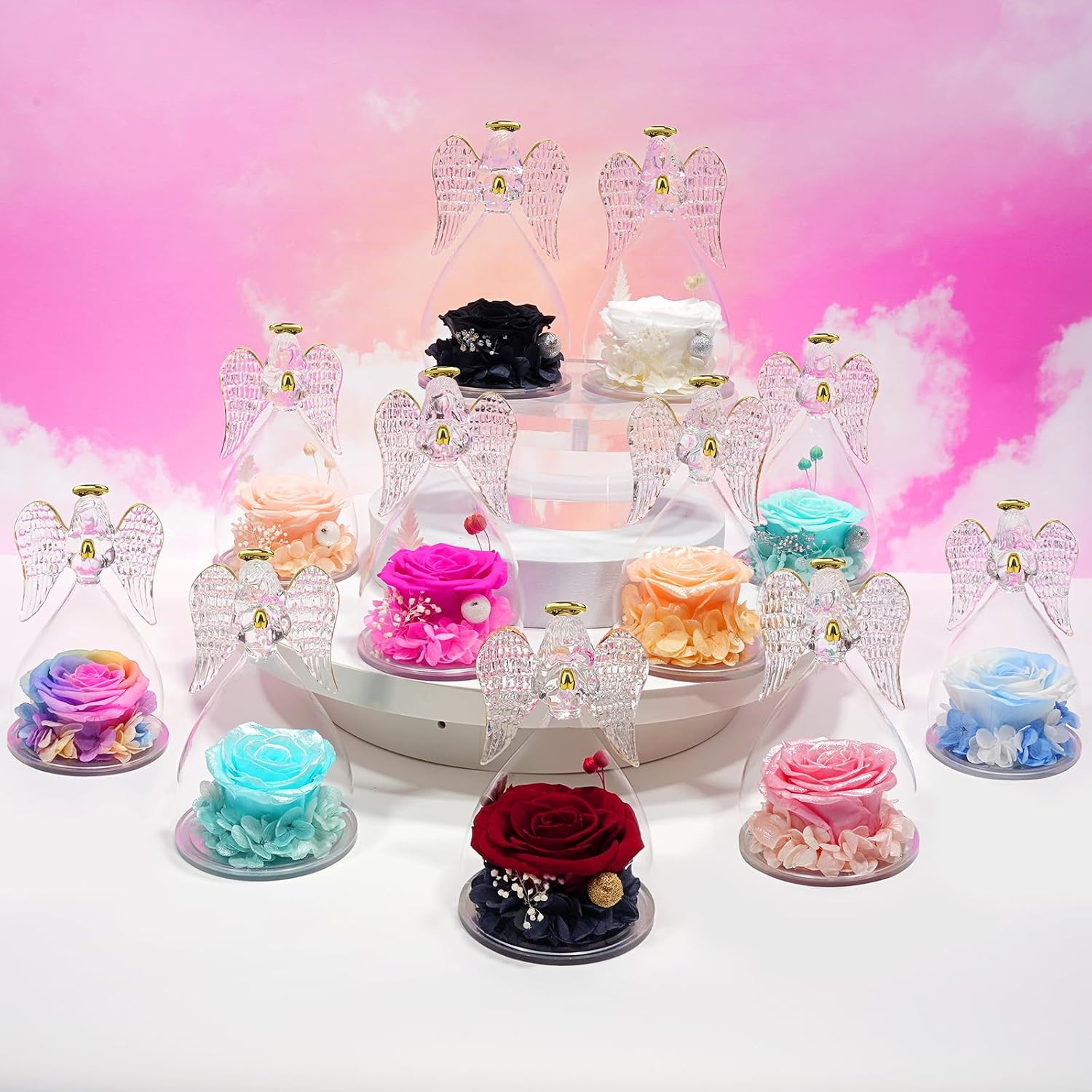 Yamonic Mom Birthday Gifts for Mom, Glass Angel Figurines Forever Real Rose Gift