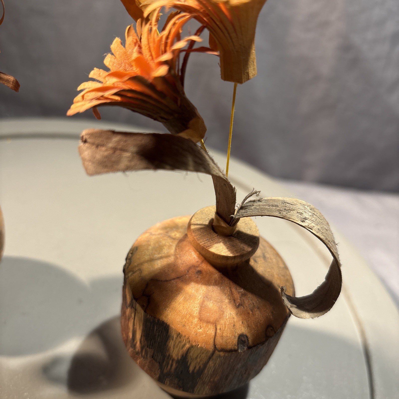 Set Of 2 ~ Wood Shaving Artificial Flowers in wood vase 6″ H Brown Orange Beige