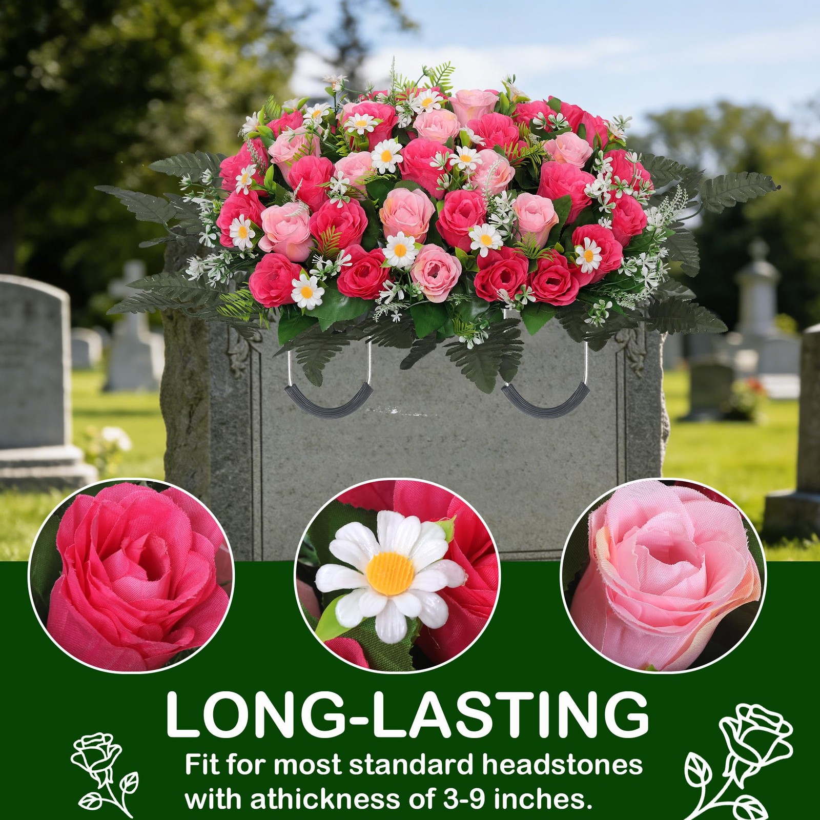 Headstone Flower Saddle Large Artificial Cemetery Flowers Grave Roses Daisy Pink