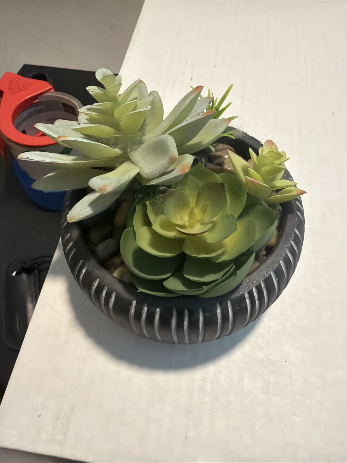 Artificial Green Succulents Gray Pot