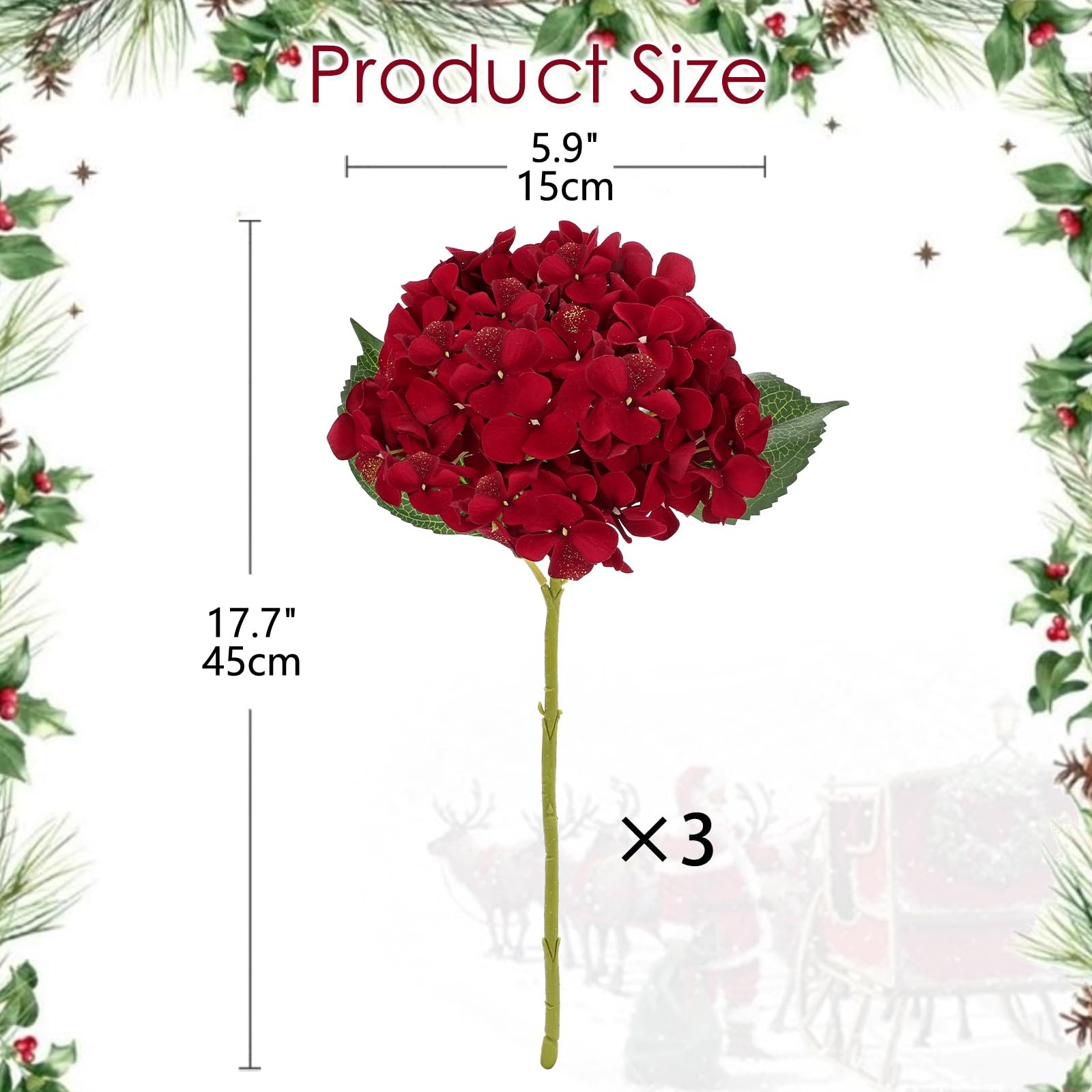 3Pcs Christmas Red Hydrangea Artificial Flowers 6inch Burgundy Hydrangeas Gli…