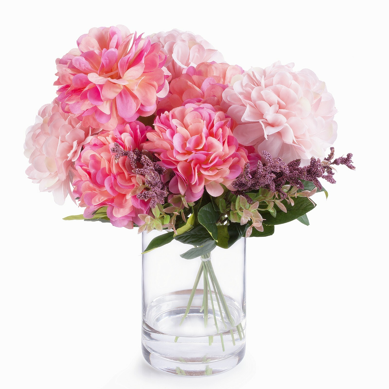 7 Heads Dahlia Artificial Silk Flower Arrangement in Glass Vase with Faux Water
