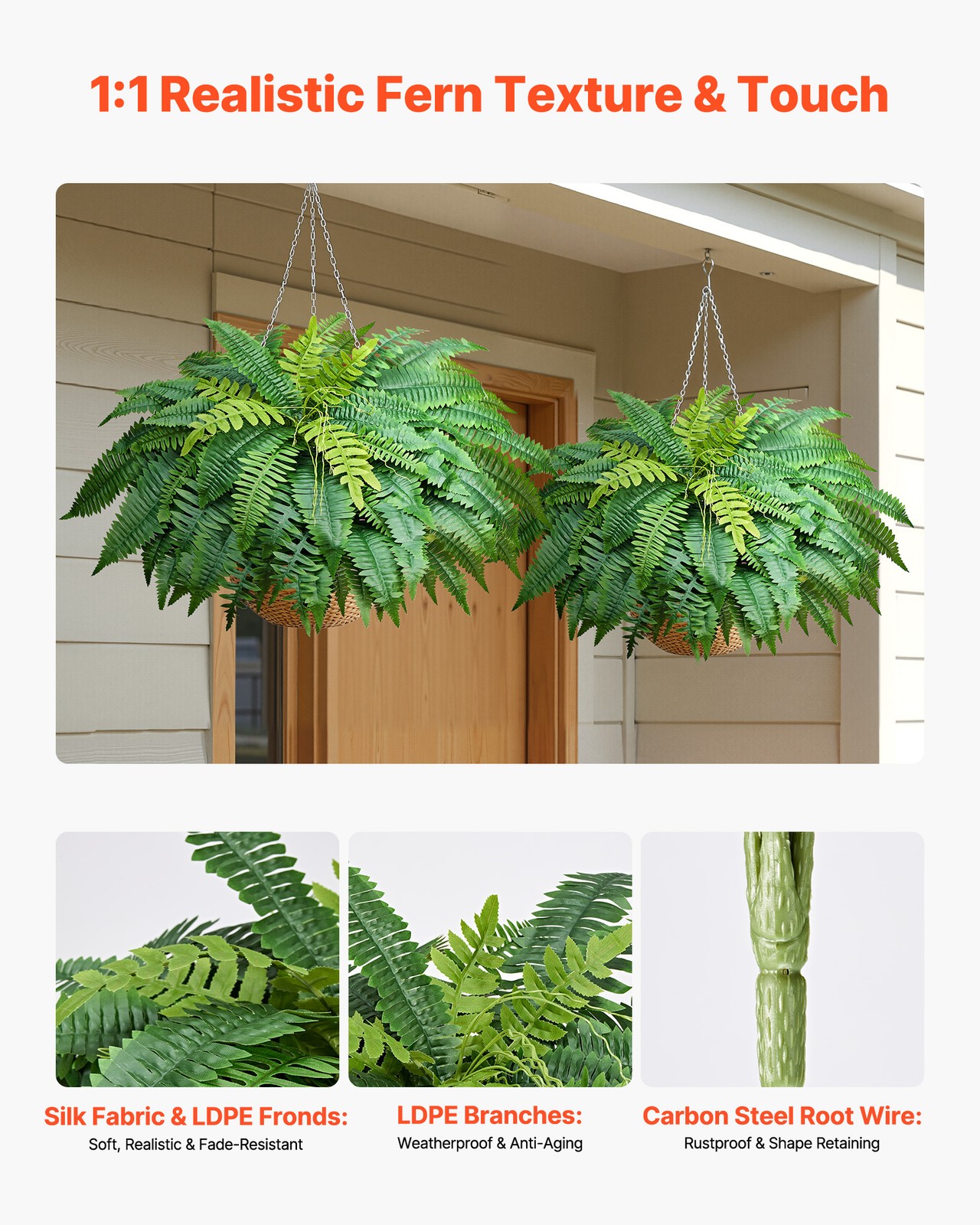 VEVOR 45″ Artificial Ferns Fake Boston Bush 63 Fronds for Outdoor Decor 2 Pack