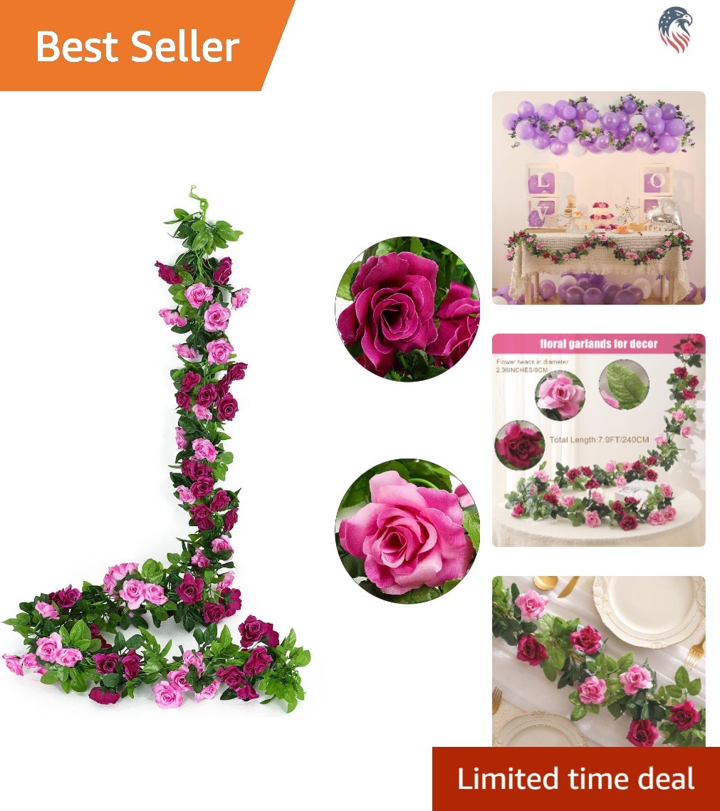 2 Pack Artificial Rose Garland Fuchsia Pink Silk Flower Vines for Wedding Hom…